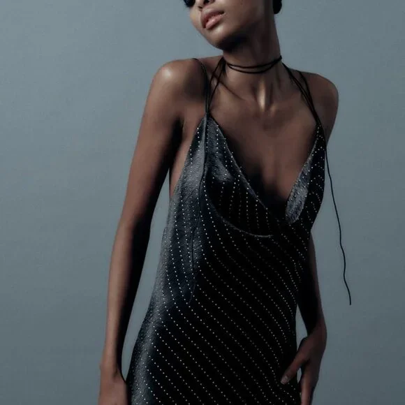 NWT JEWEL SATIN EFFECT BLACK RHINESTONE DRESS - Picture 3 of 11